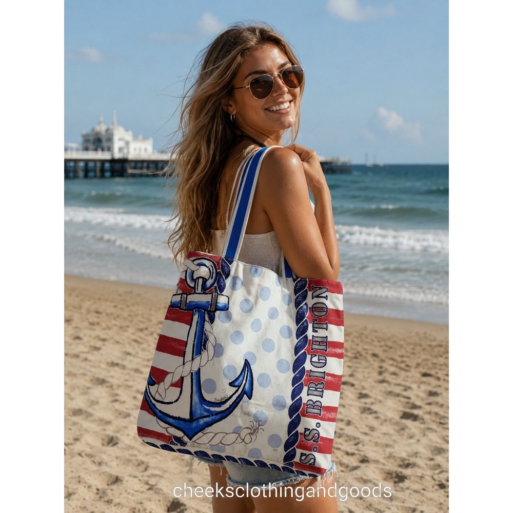 Brighton Sailing Away Tote Beach Bag Red White Blue Nautical Anchor Canvas
